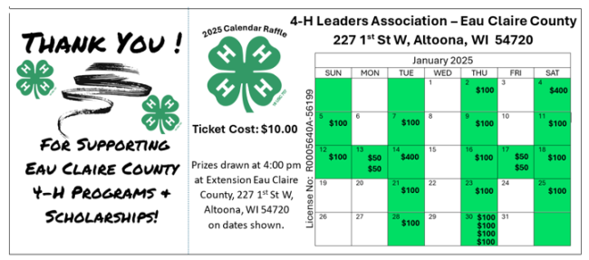 Calendar with days highlighted to spell out 4-H. Also information from the text box.