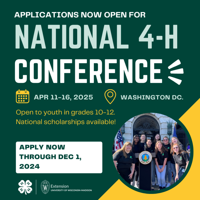 National 4-H Conference, April 11-16, 2025, in Washington DC. Open to youth in grades 10-12. National scholarships available!
Apply now through Dec. 1, 2024.