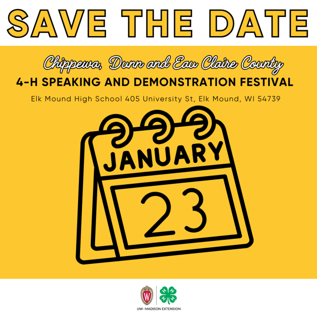 Calendar with January 23 showing and text of Chippewa, Dunn, and Eau Claire County 4-H Speaking and Demonstration Festival, Elk Mound High School, 405 University St, Elk Mound