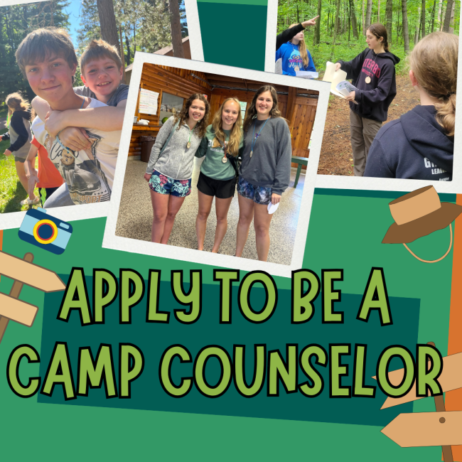 Photos of happy campers with text "Apply to be a Camp Counselor."