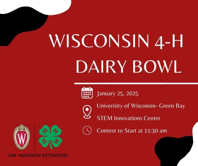 Red background with the words "Wisconsin 4-H Dairy Bowl.
Other informaition in the text box.