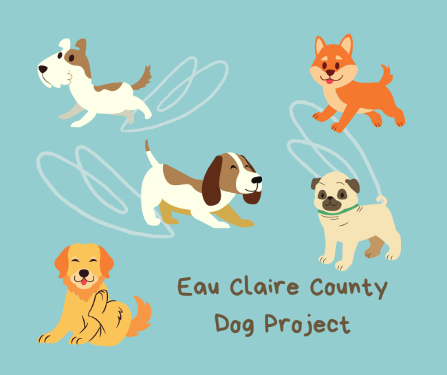 Text of "Eau Claire County Dog Project" with drawings of five cute puppies