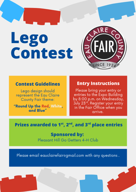 Lego Contest with Eau Claire County Fair logo. All the information is in the text boxes.