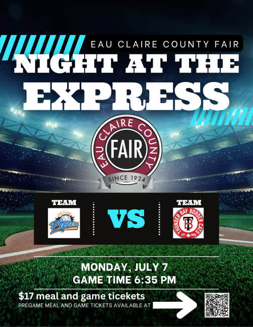 Picture of ballpark with the words "EC County Fair Night at the Express." Also give details of Monday, July 7, Game Time 6:35 PM/ $17 meal and game tickets. GIves a QR code.