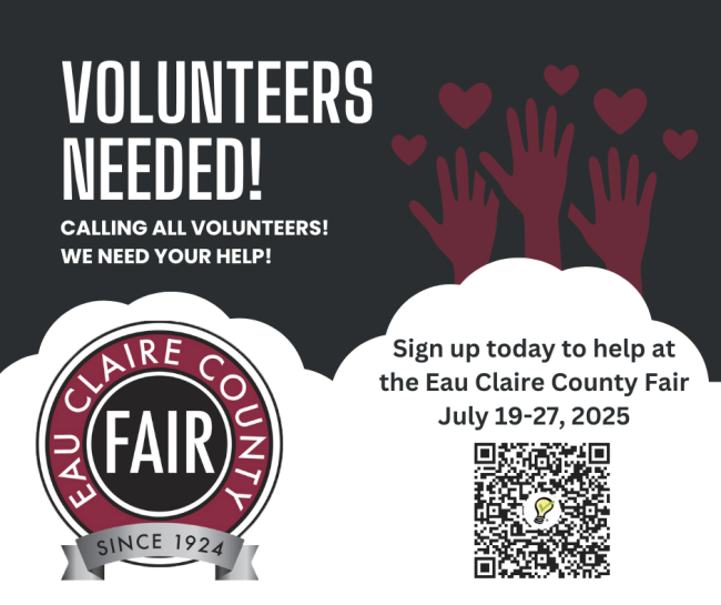Volunteers needed! Picture of hands int he air with hearts above them and the fair logo. Also a QR code to sign up to volunteer at the fair.