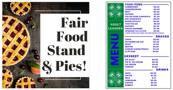 Photo of pies and the words Fair Food Stand and Pies! There is also a picture of the menu.