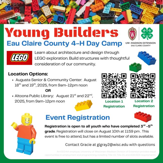 All the information from the text box with pictures of a Lego person and other Lego blocks. Also two QR codes for registration. Registration links are also in the text box.